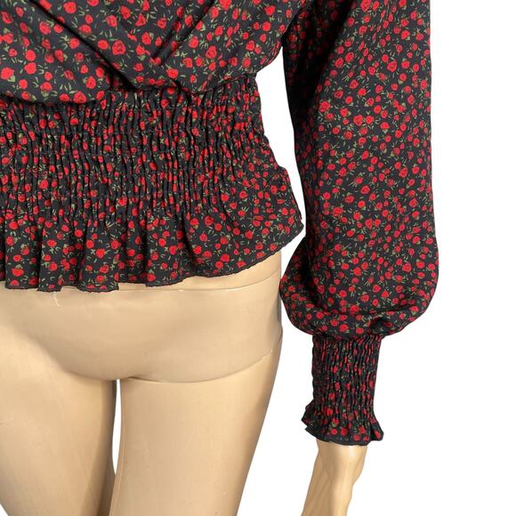 Nordstrom Bp Black Red Ditsy Floral Whimsigoth Peplum Blouse Top SZ M - Picture 4 of 8